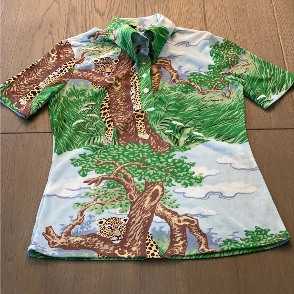 Vintage Wayne Rogers ‘75 Semi-Sheer Button Down Shirt Top Tiger Leopard